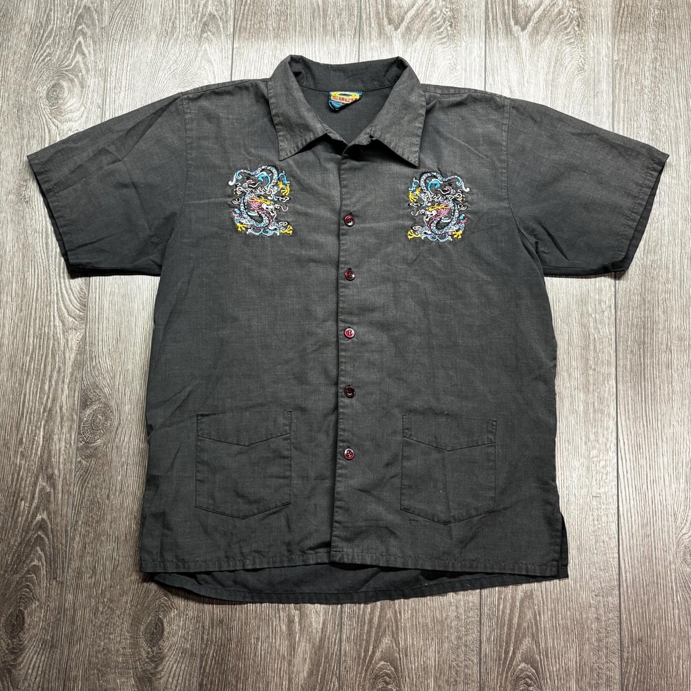 Vintage Eddy Dragon Y2k Button Down Shirt Black Extra Large XL Rare Streetwear